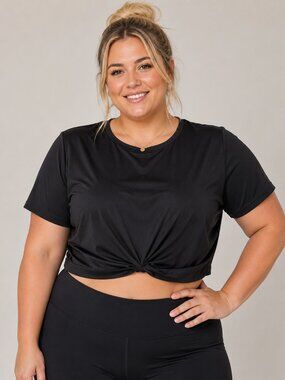 Women's 2XL Black Twist Front Cropped Active T-Shirt Short Sleeve Workout Top